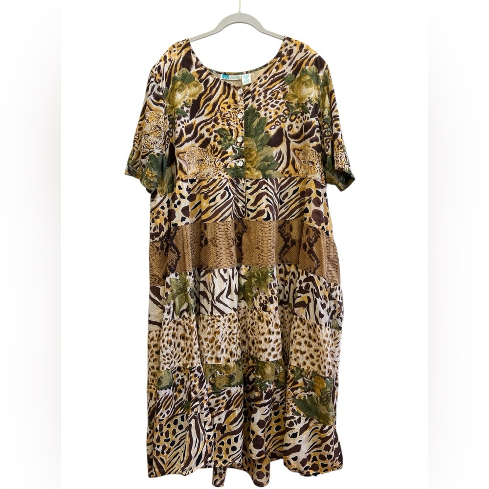 LA CERA Patchwork Animal Print Tiered Midi Dress 2XL Cotton Boho Safari